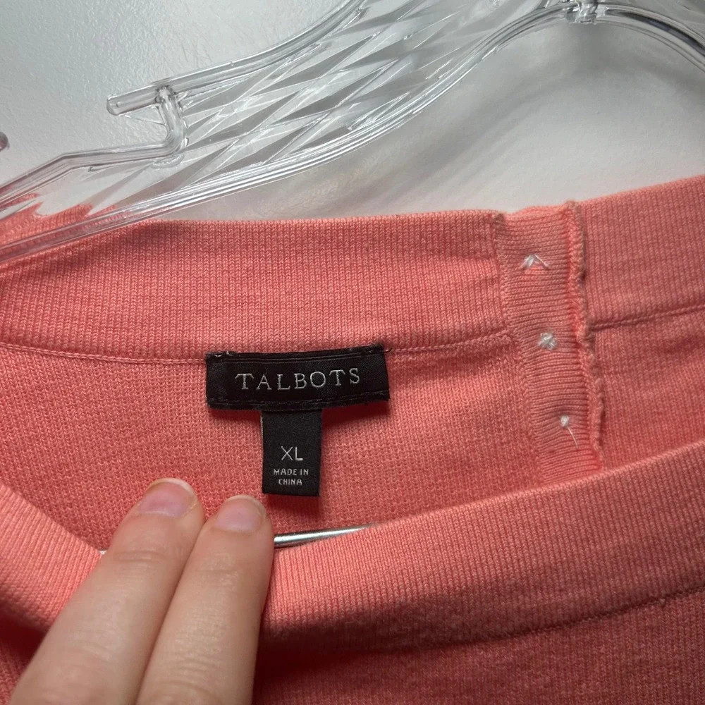 Talbots Womens XL Coral Pink Boat Neck 3/4 Sleeve Button Back Knit Sweater Top